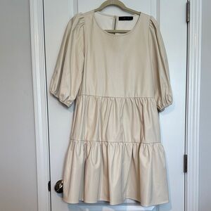 Cream Puff Sleeve Faux Leather Tiered Dress